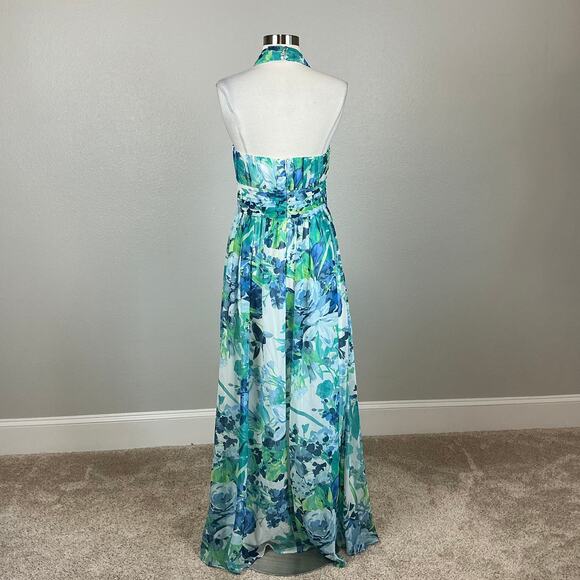 Eliza J Women's Floral Chiffon Evening Gown Blue Size 12 Cut Out Maxi Dress - Picture 2 of 14